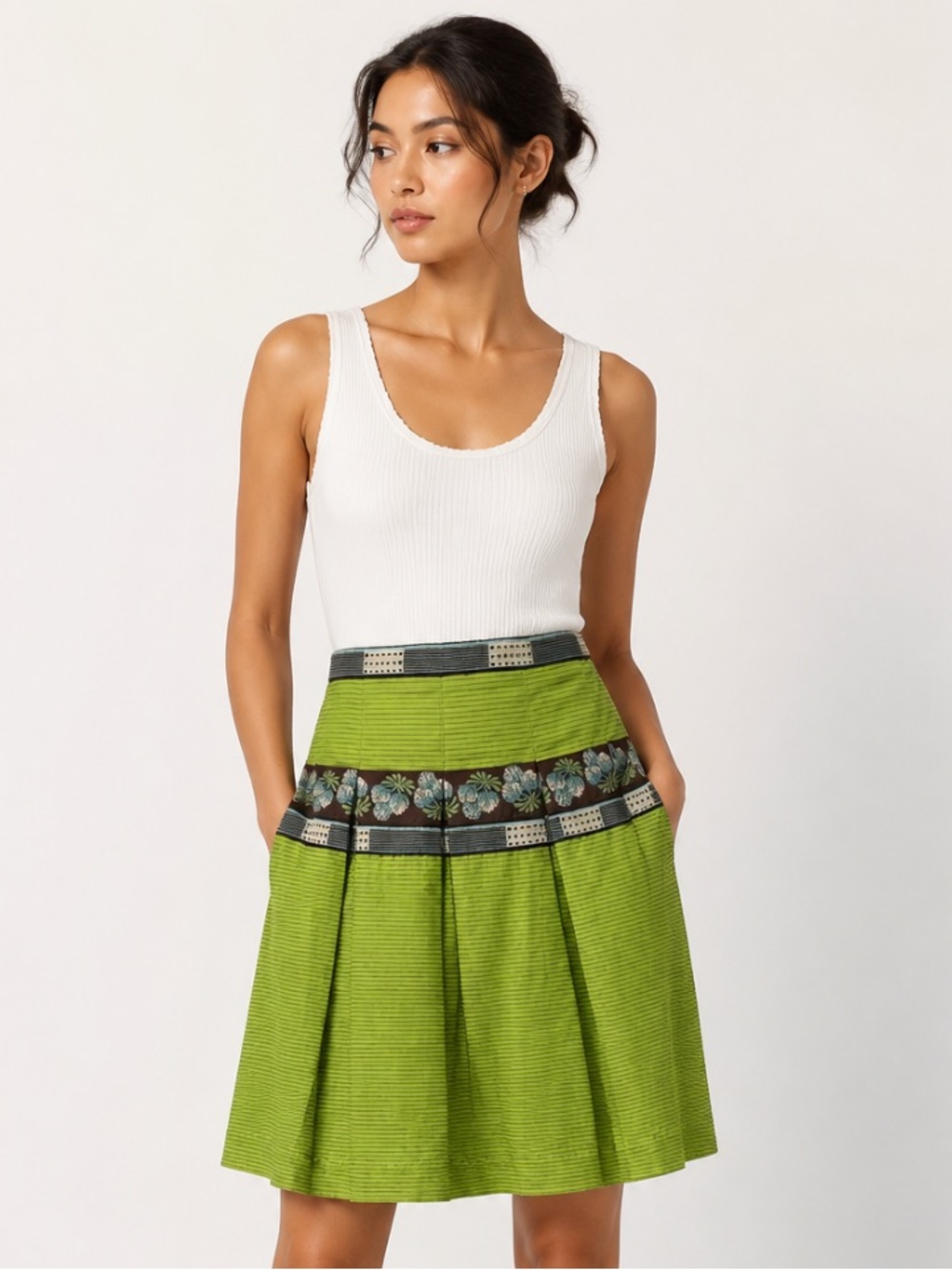 ETCETERA Skirt Green Blue Pleated Embroidered Striped